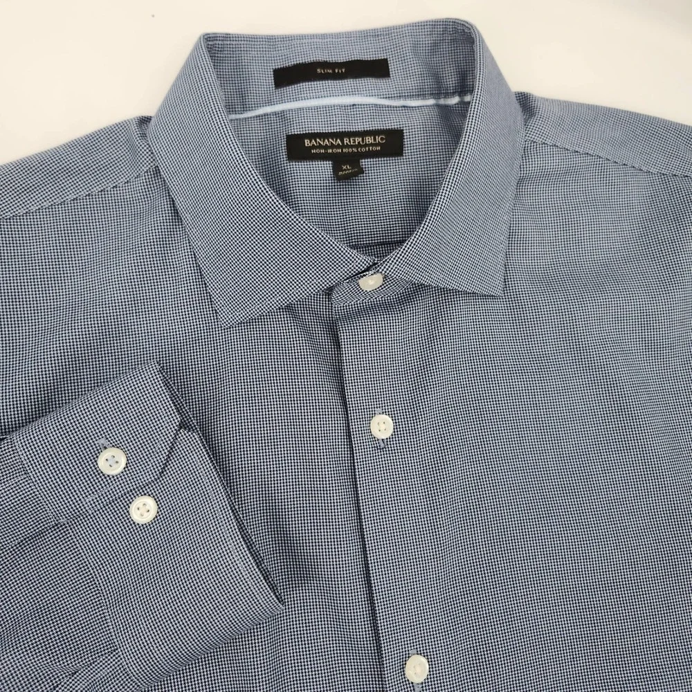 Banana Republic Blue Micro Houndstooth Dress Shirt Size XL Slim Fit Non-Iron